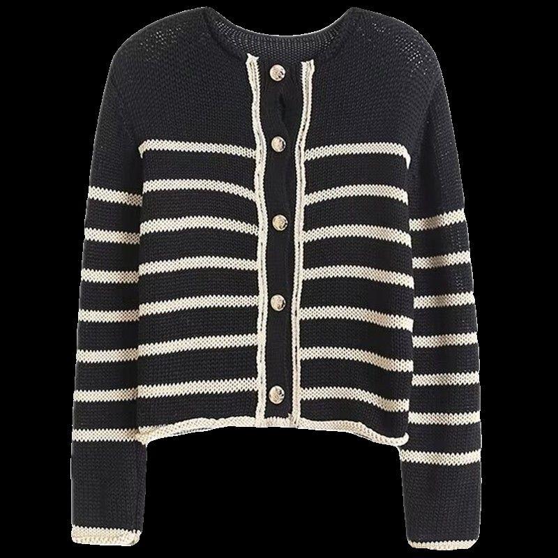 2024 Spring New Arrival Classic Style round Neck Short Coat Golden Button Stripes Knitting Cardigan 5643511