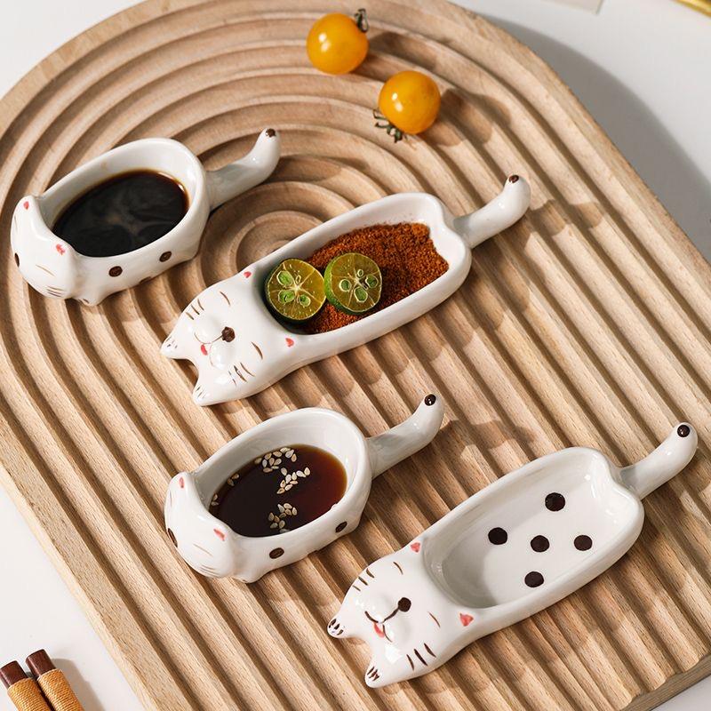 2pcs Ceramic Cat Dish Multi-Functional Sauce Plate & Chopstick Rest