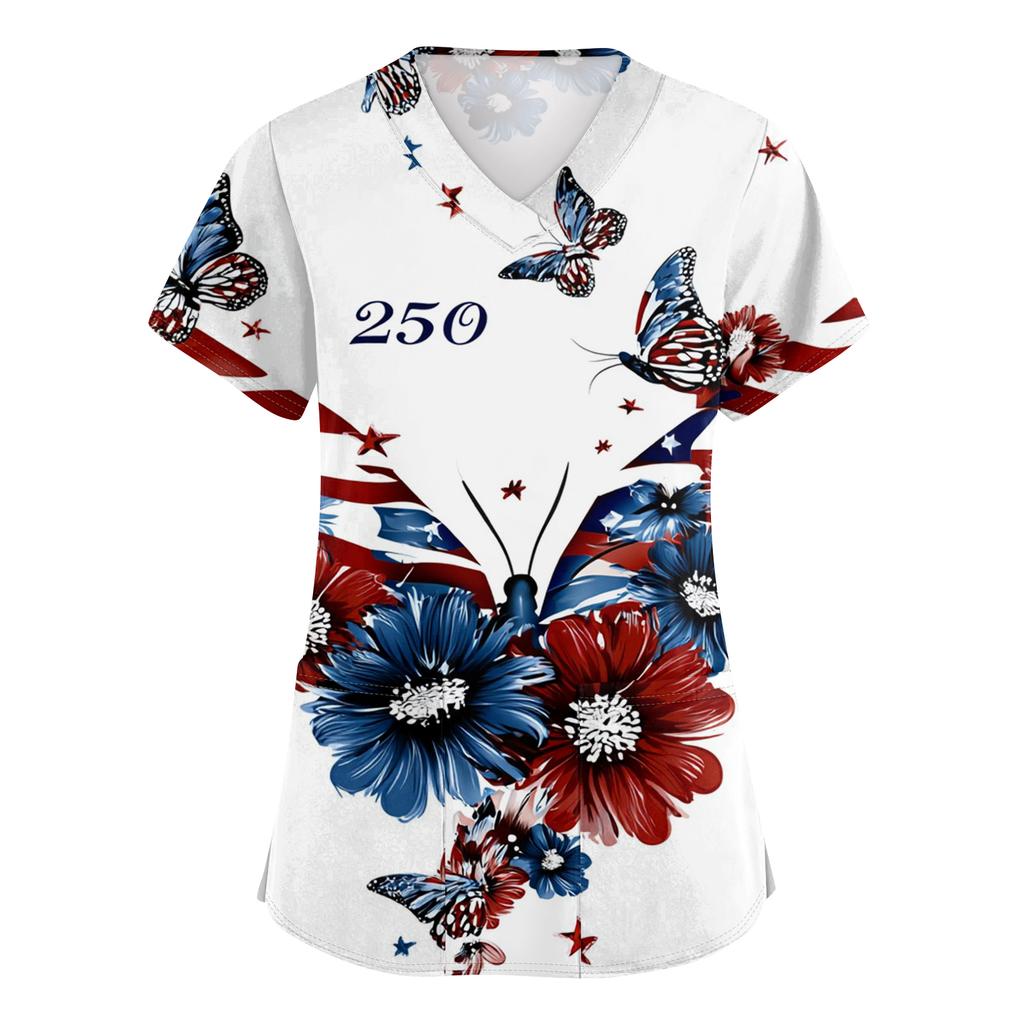 Damen Kurzarm Unabhängigkeitstag Aufdruck V-Ausschnitt Tasche Arbeitskleidung Oberteil