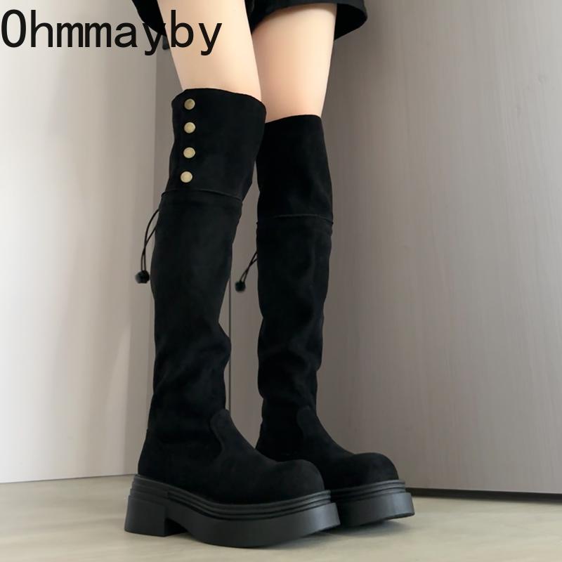 Vintage Platform Thick Heel Women Over The Knee High Boots Fashion Double Fold Wearing Mordern Long Botas Para Mujer