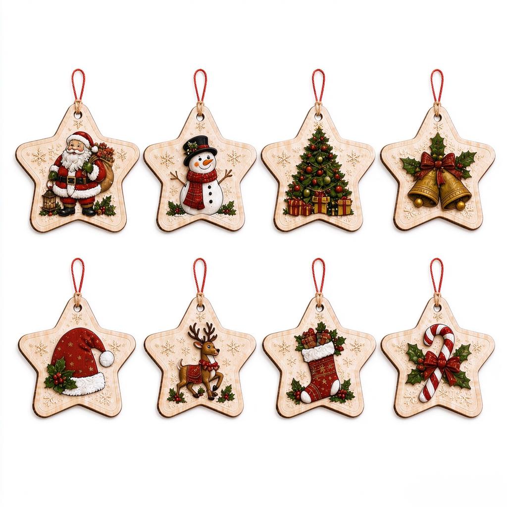 8-Piece Wooden 2D Flat Christmas Tree Ornament Set Holiday Party Decorations for Christmas