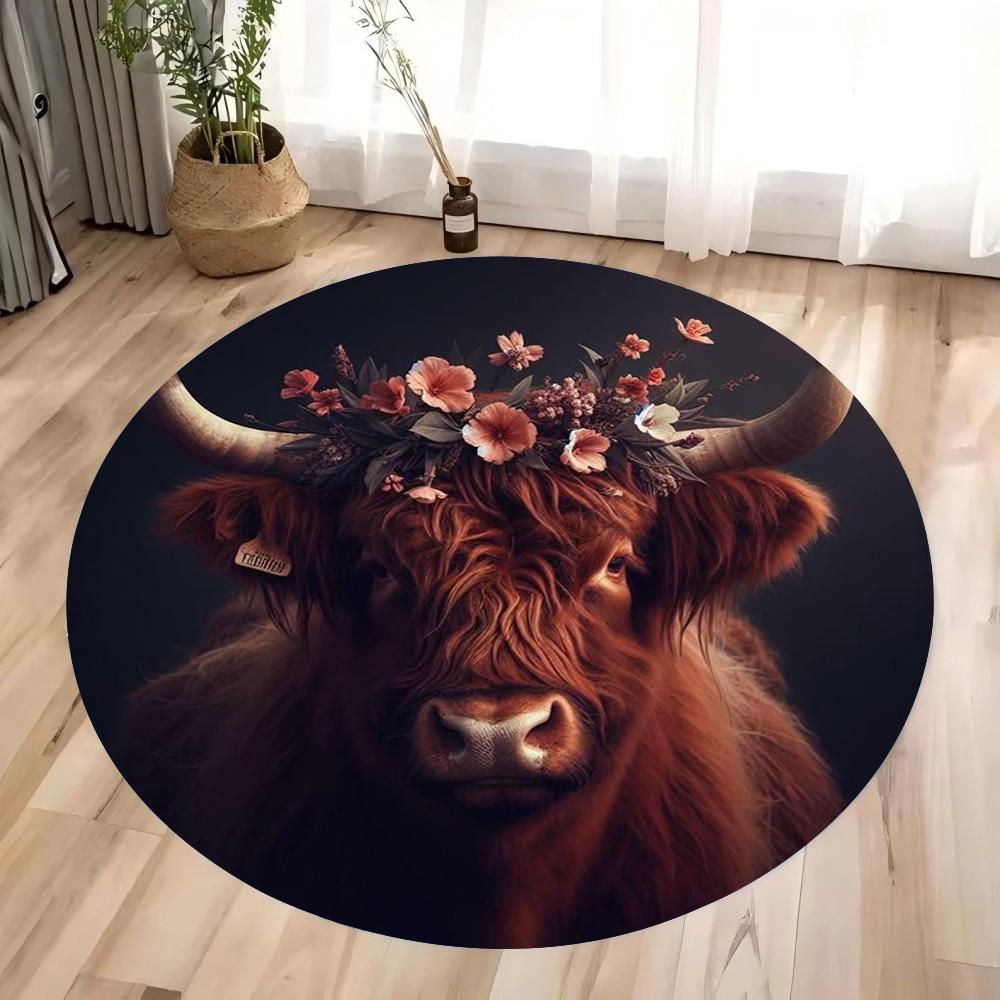 Scottish Highland Cattle Pattern Round Rug Kids Room Circular Carpet Living Room Bedroom Home Decoration Computer Chair Area Mat