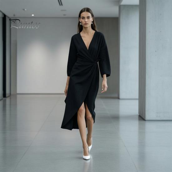 Lady Ruffle Dress Summer Women Deep V-Neck Dress, Slim Waist Midi Long Sleeves Solid Color Wrap for Daily Wear Party