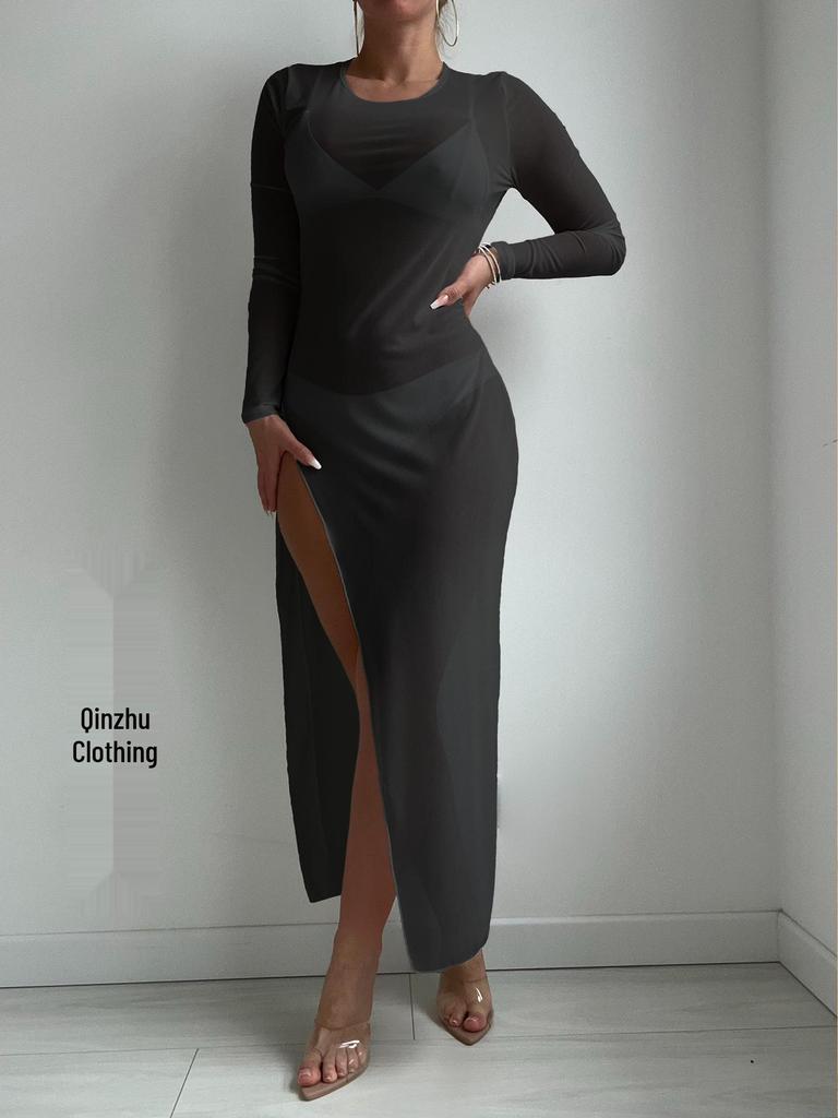 2024 Beach Vacation Mesh Swimsuit Long Cover-Up Dress - Sexy Round Neck Transparent Bikini Cover-Up