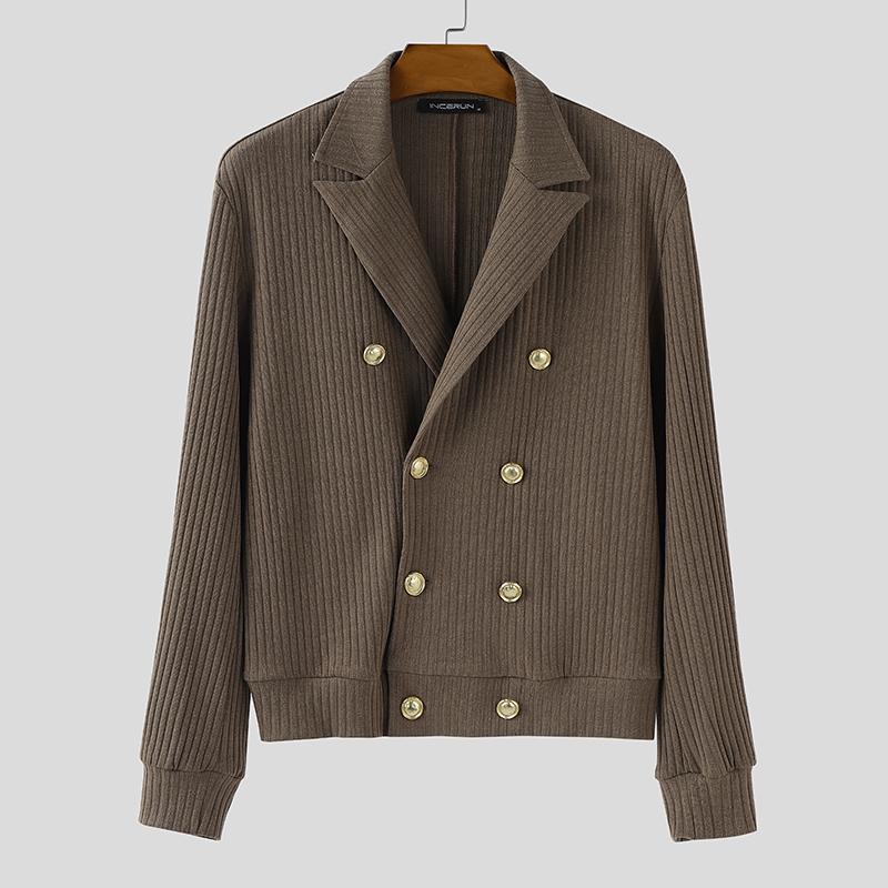 INCERUN Men Lapel Long Sleeve Double Breasted Casual Ribbed Knitted Jackets Coats