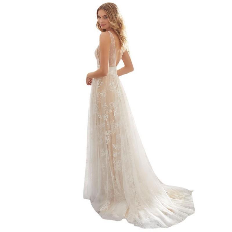 Robe de Mariée Nouvelle Collection Printemps Européenne et Américaine Sexy Décolleté en V Sans Manches Dentelle