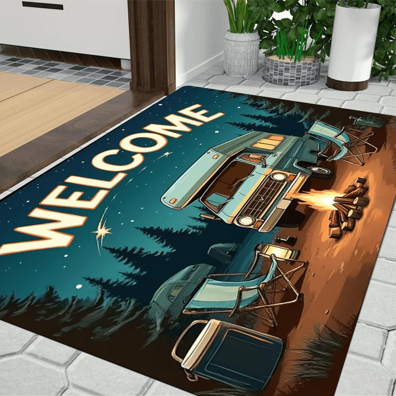 VIKAMA Welcome RV Camping Doormat Night Forest Campfire Folding Chair Print Non‑slip Absorbent Floor Mat For Front Entrance Rug