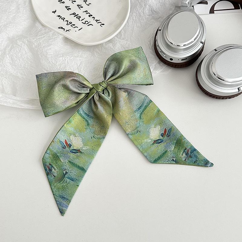 Blue silk scarf, long strip, new fashion, oil painting style, bow, headband, braided hair, tied bag, streamer, multi-purpose waist silk scarf.