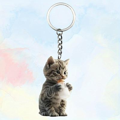 Portachiavi in acrilico a forma di gattino, portachiavi con ciondolo a forma di animale piatto 2D, accessori decorativi per zaino e chiave, regalo di compleanno con anello