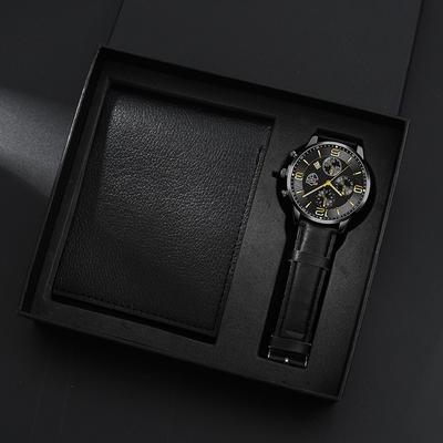 2PCS Set DEYROS New Fashion Men's Watch Business Men's Leather Strap Calendar Watch Men's Quartz Watch&Black Wallet Best Gift For Men