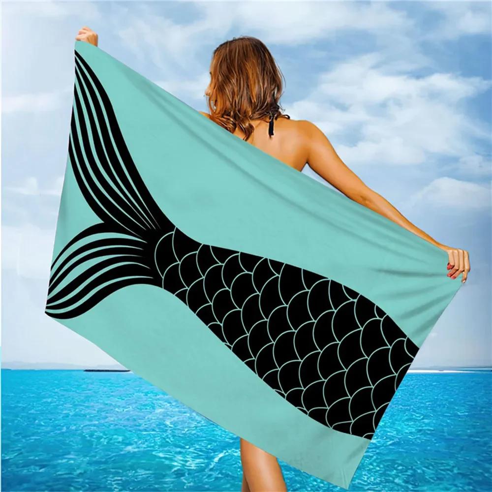 Outdoor Water Sports Beach Towel Mermaid Tail Fish Print Quick Drying Swimming Surf Towels Portable Travel Picnic Mat Women Gift