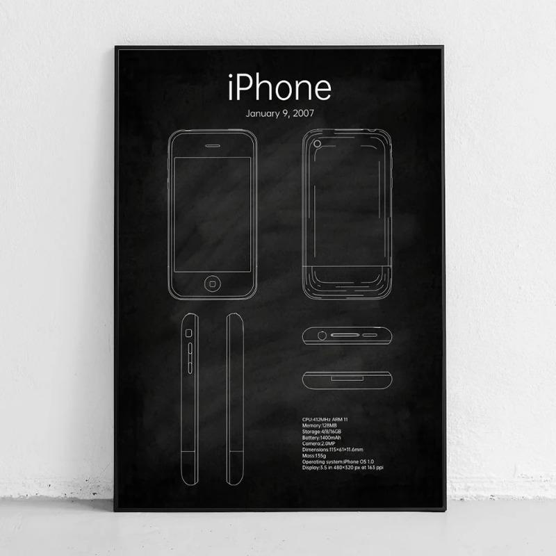 Initial Iphone Blueprint Poster Canvas Printing IPhone in 2007 Blueprint Wall Art Decor Modern Communication Store Home Wall Art