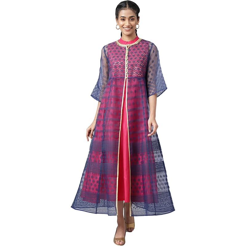 Aurelia Women's Dark Blue A-Line Floral Printed Gilet With Embroidered Inner Kurta_22AUD10435-503229_L