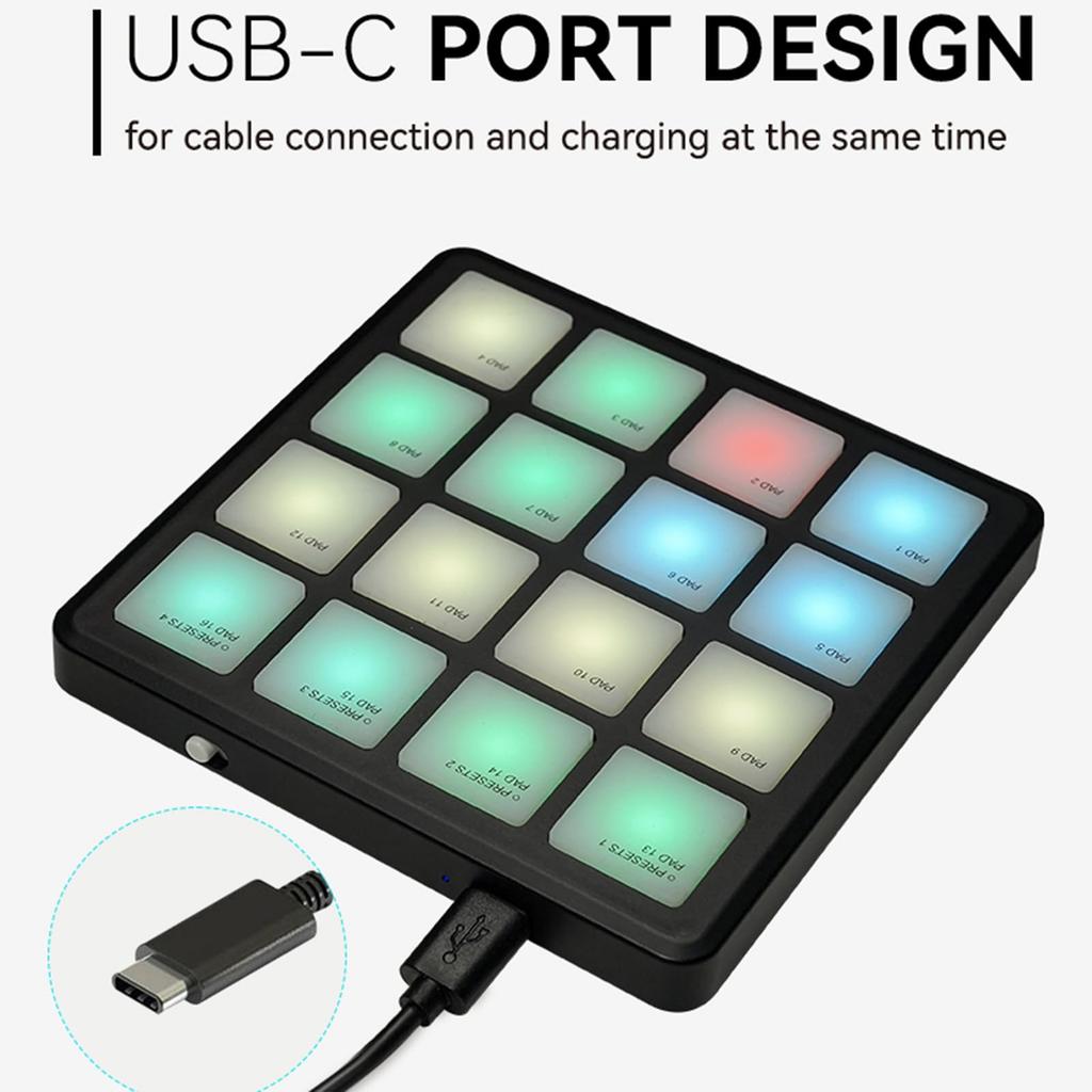 SMC-PAD Pocket Black Wireless MIDI Controller W/ 16 Strike Pads USB-C Interface Design Small Midi Pad Keyboard Controller