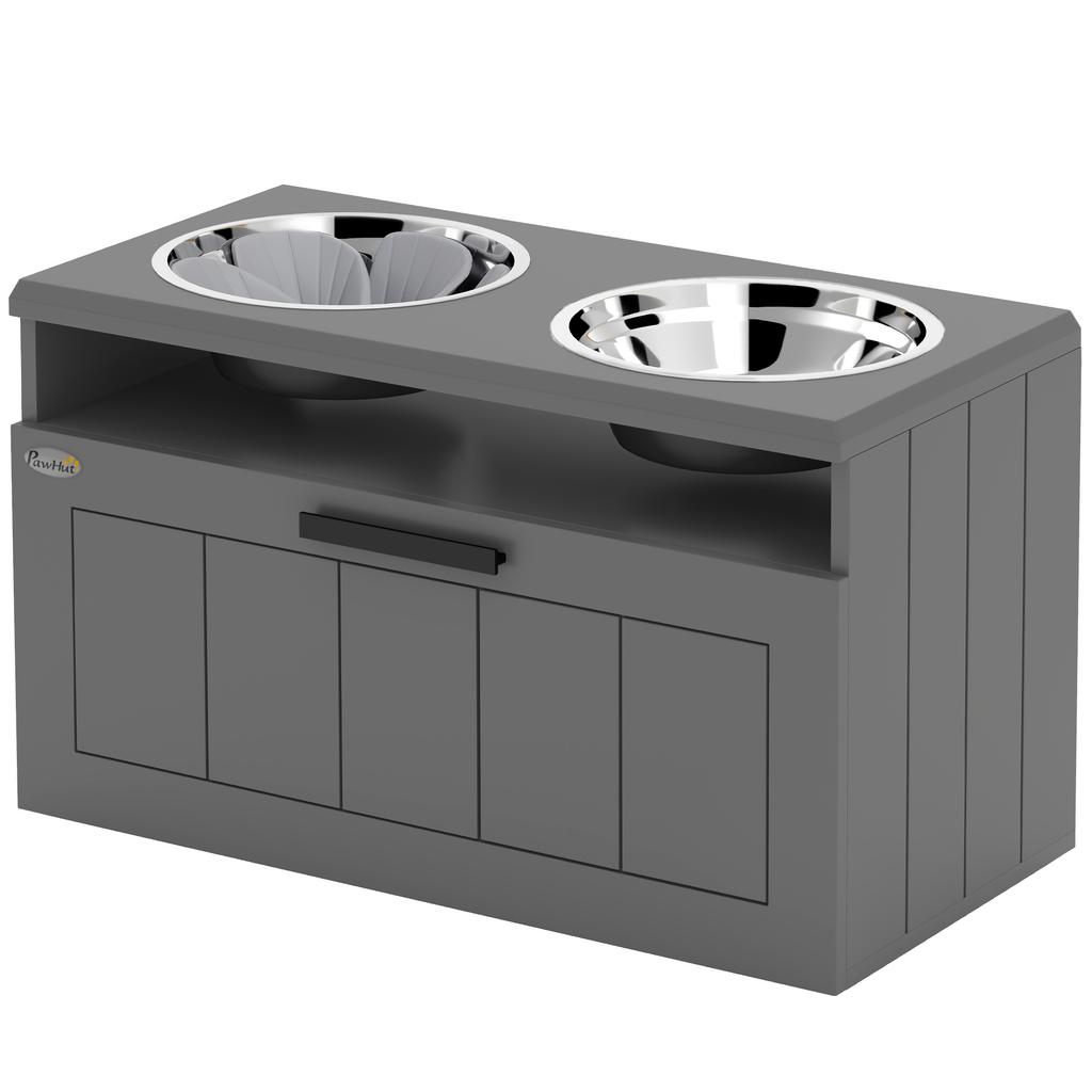 Elevated Dog Bowl, Slow Feeder, Stainless Steel, Storage Drawer, 60 x 30 x 35 cm, Grey