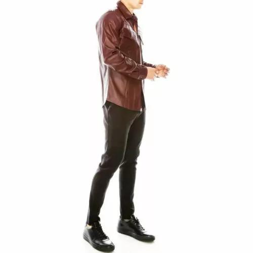 Party Lambskin 100%Casual Leather Real Handmade Men Brown Shirt Formal Stylish