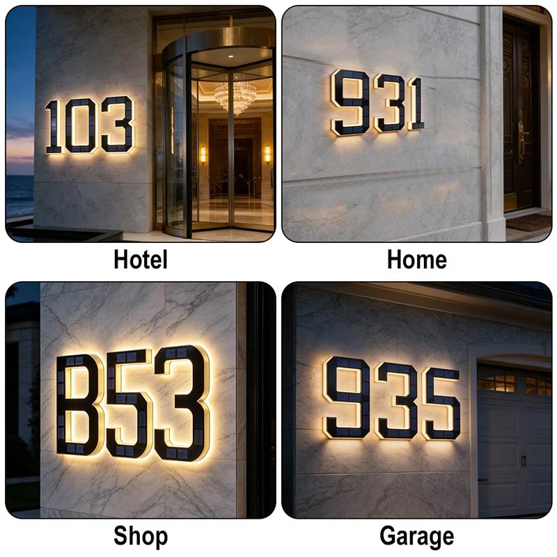 Waterproof Solar House Number Light Modern LED Address Sign with Light Sensor for Outdoor Home Door Yard Wall Decoration Use Set