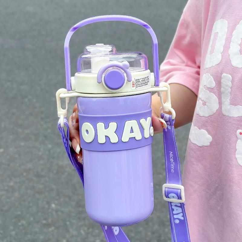 316 Stainless Steel Sports Thermos with Strap & Double Straw for Girls