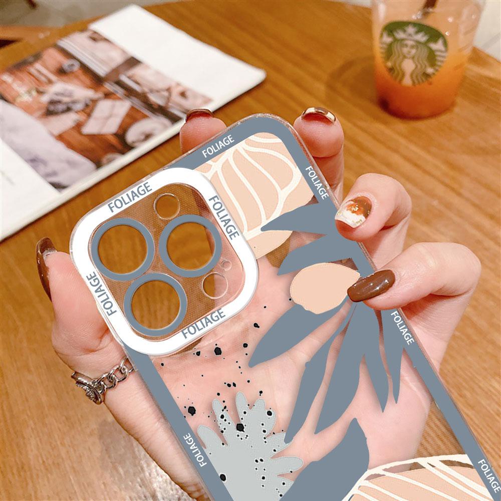 Abstract Art Plants Leaf Cover Clear Phone Case For iPhone Apple 17 AIR 16E 16 15 14 12 13 11 Pro Max Plus XR TPU DIY Shell Case