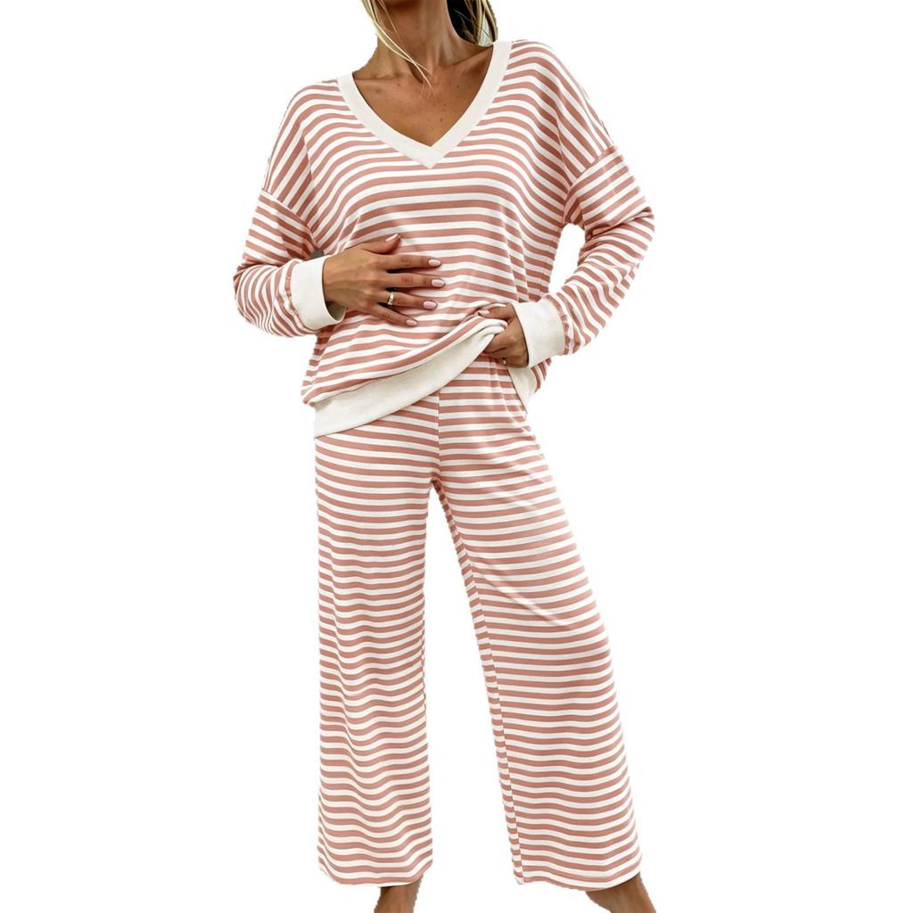 Masson striped contrasting color V-neck loungewear lazy style long-sleeved top high-waisted straight pajama pants two-piece set