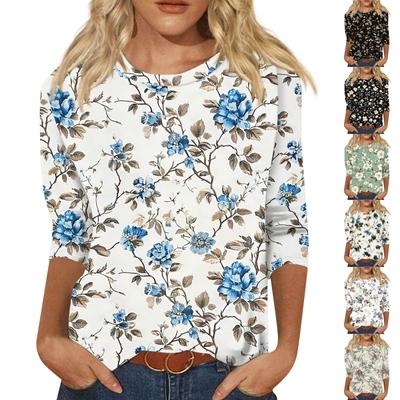 Women's Fashionable Casual Three Quarter Sleeve Printed Collar Pullover Top