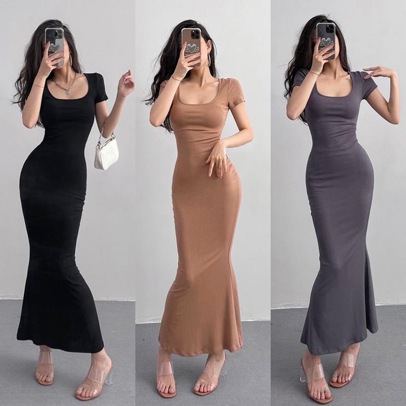 2025 Summer Solid Color Slim Long Dress Women Short Sleeve Skinny Bodycon Maxi Dresses Woman Square Collar Party Vestidos Mujer