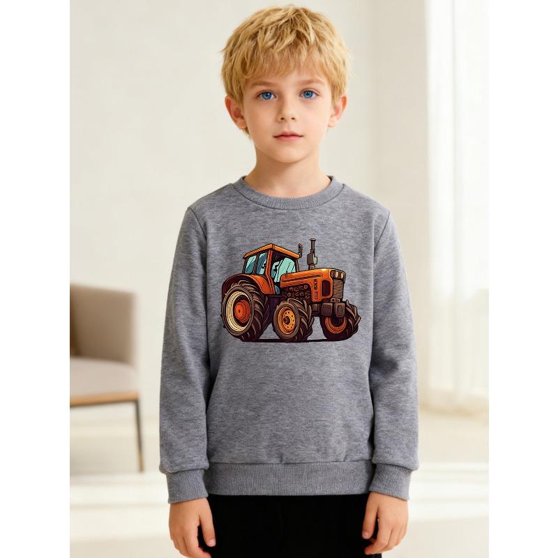 European Sizes Kids' Round Neck Pullover, Long-Sleeved Top for , Featuring a Tractor Print, Suitable for Casual Wear And Outdoor Activities