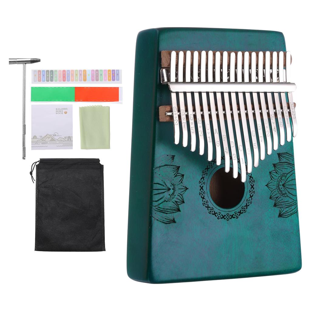uxcell 17-Key Thumb Piano, Blue Mini Portable Finger Piano with Solid Koa Wood Floral Pattern, Tuning Hammer, Musical Notebook, Gift for Adults and