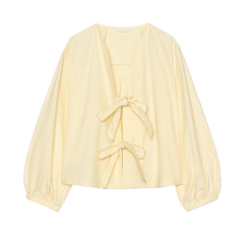 Spring New Women's Clothing Contrast Color Seized Line Bowknot Decoration Poplin Shirt Tops 0387058 2298085