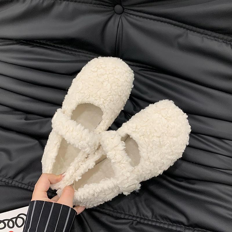 Fur Lining Women Flats Shoes Concise Round Toe Slip On Shoes Comfort Warm Cotton Outdoor Shoes For Autumn Winter