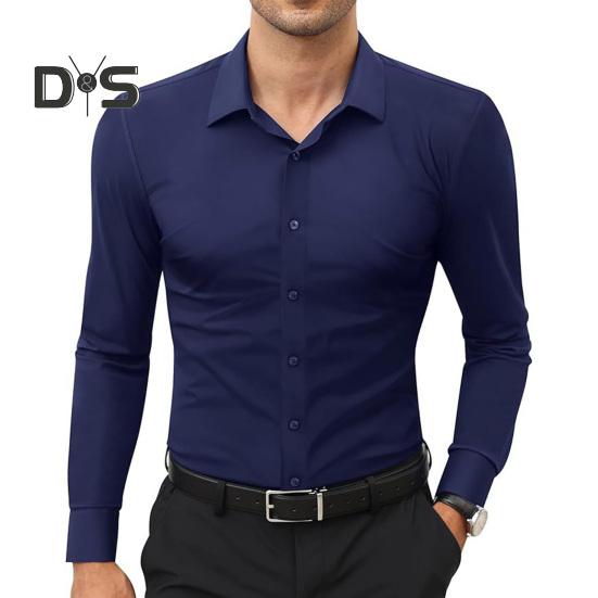 Men's Dress Shirt Long Sleeve Lapel Button Down Shirt Solid Color Formal Business Shirt for Work Dates Interviews Weddings