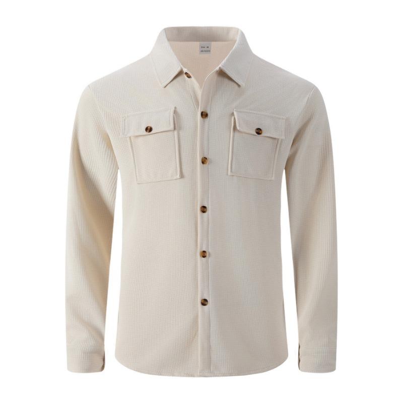 Herren Langarm Waffelstrick Button-Down Hemdjacke Lässig Lockerer Schnitt Shacket mit Taschen