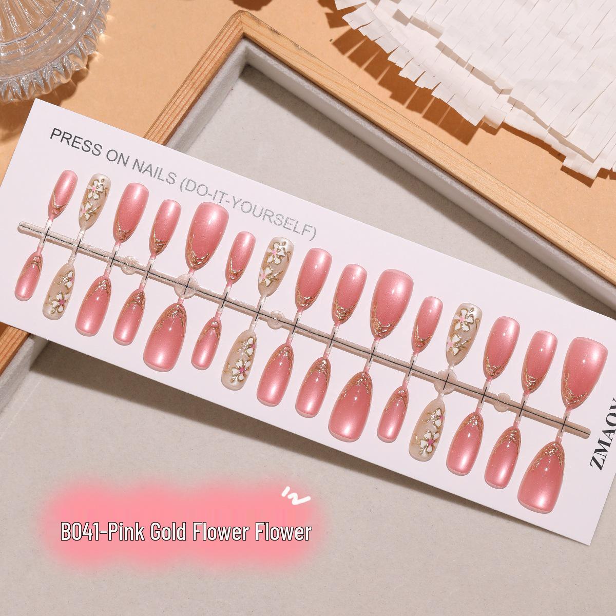 B041 Elegant Pink Gold Floral Almond 3D Cat Eye Wearable Nail Stickers for French Manicure