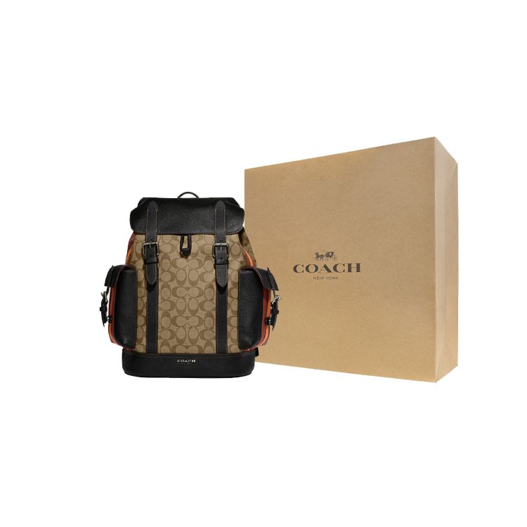 Coach Hudson 29 Classic Monogram Print Flap Drawstring Closure Canvas And Leather Backpack Men Backpack Brown Black CB902-QBV0S