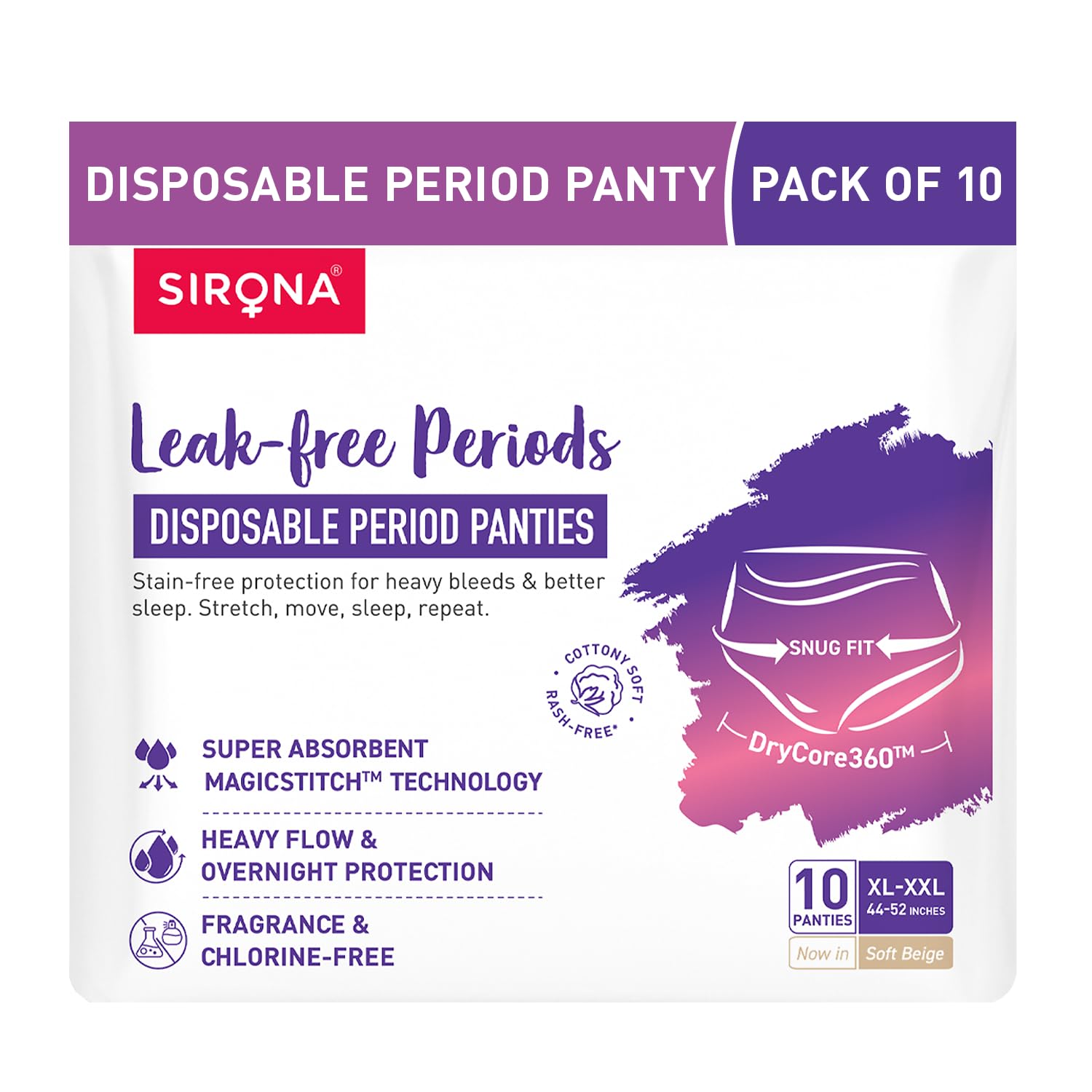 

Sirona Disposable Period Panty for Girls | XL-XXL (44-52 Inch) | Pack of 10 | 360° Coverage for Stress Free Period | Leakage Protection for Heavy