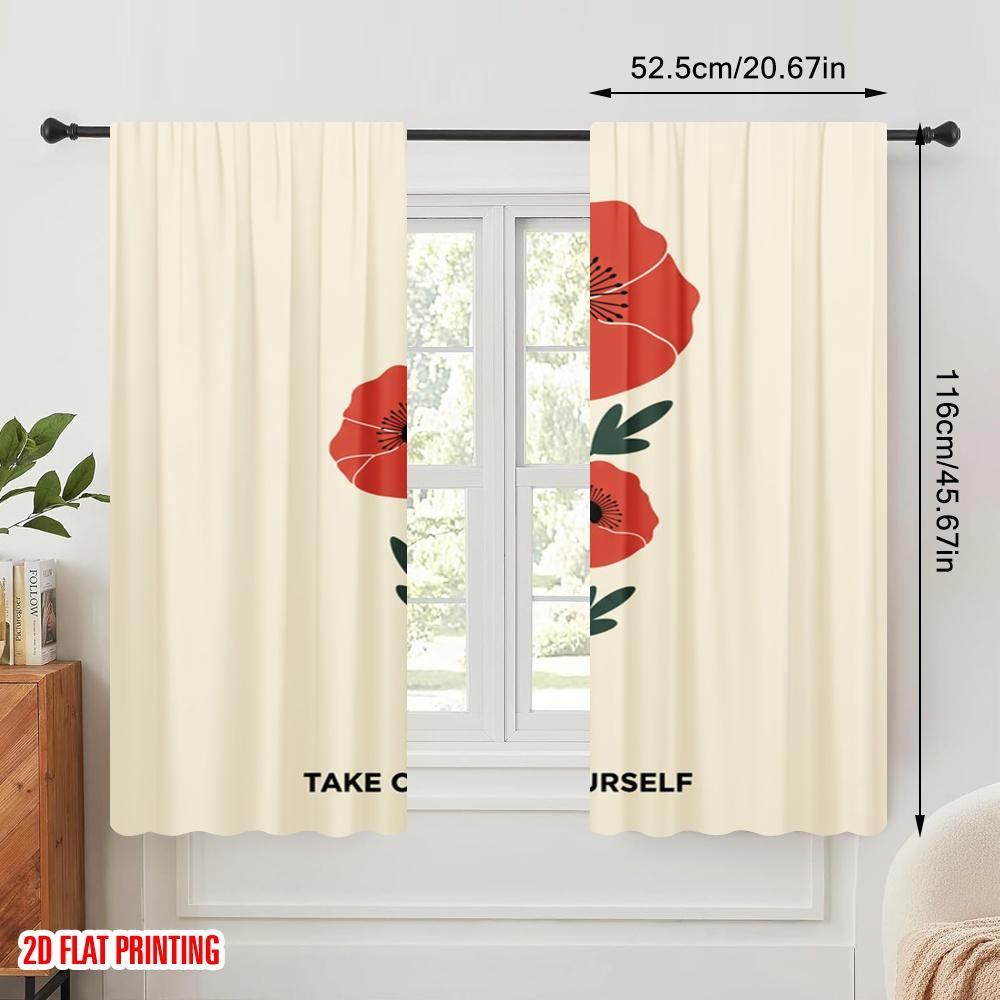 2pcs 2D flat printing Window Curtains Poppy flowers take care yourself 100% Polyester Fabric Without Electricity Festive Wall