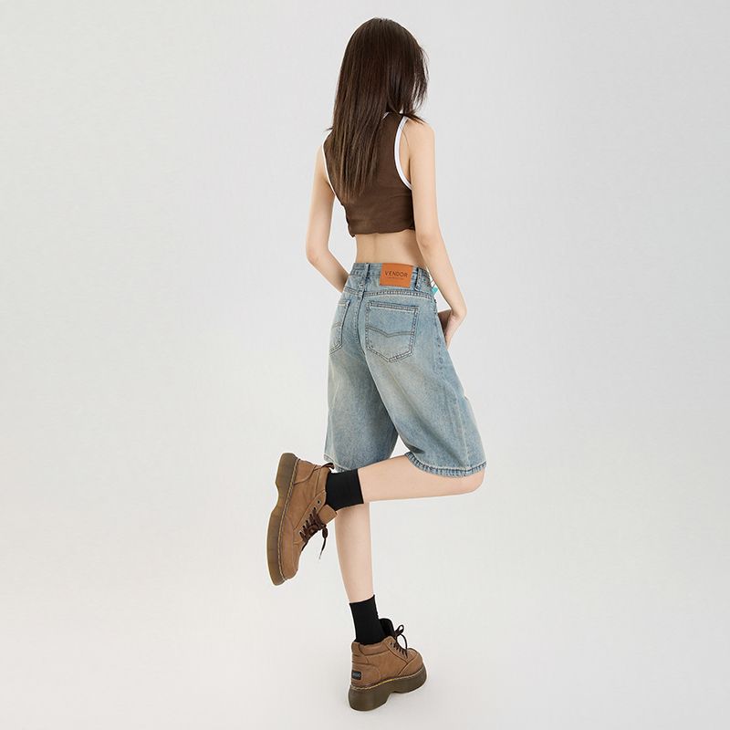 Sommer Dünn Hohe Taille Vintage Locker Gerade Fünf-Punkte Cropped Jeanshose Für Kleine Frauen Lässige Hose Übergroße Jeanshose
