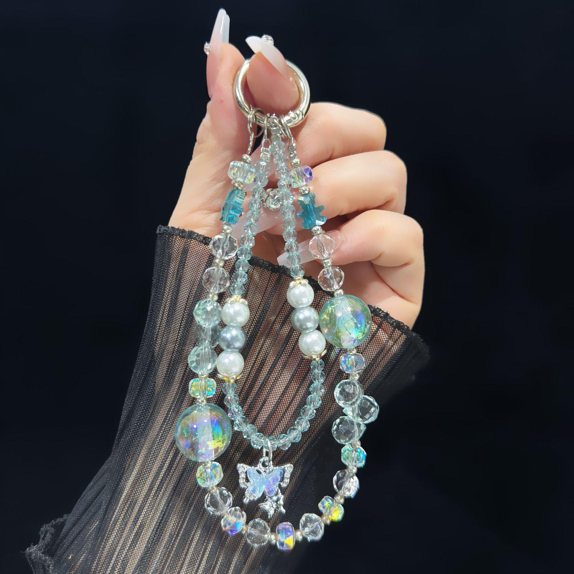 

Phone Lanyard Short Bear Butterfly Pendant Dazzling Crystal Beaded Bracelet High End Outdoor Travel Portable Pendant м ята зелений колір