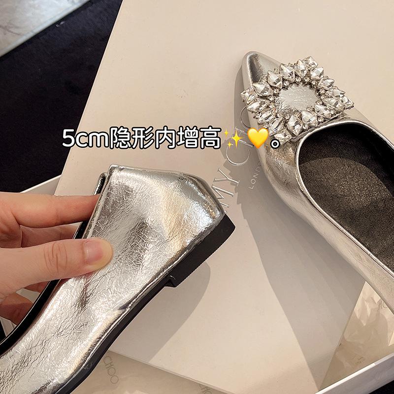 Inner Height Increase Pointed Tip Shallow Mouth Single Shoes Women's Shoes 2025 Summer and Autumn Square Buckle Rhinestone Real Soft Leather Commuti