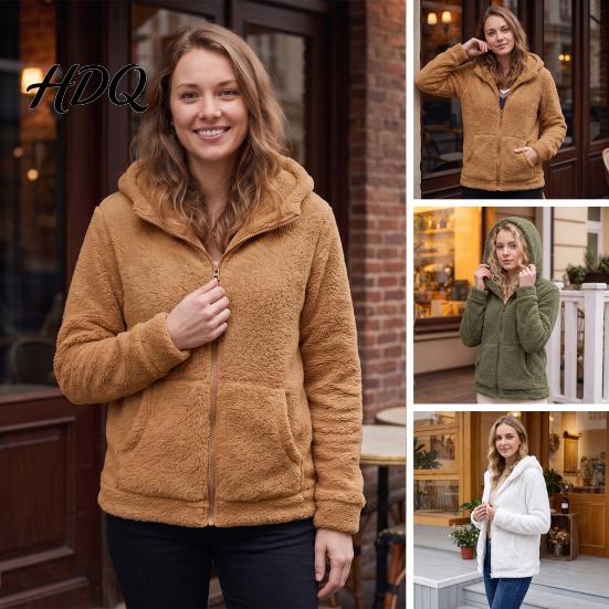 Casual Warm Jacket Women Full Zip Fleece Hoodie Solid Color Hooded for Coat with Pockets Fall Winter Loose Fit Daily Wear