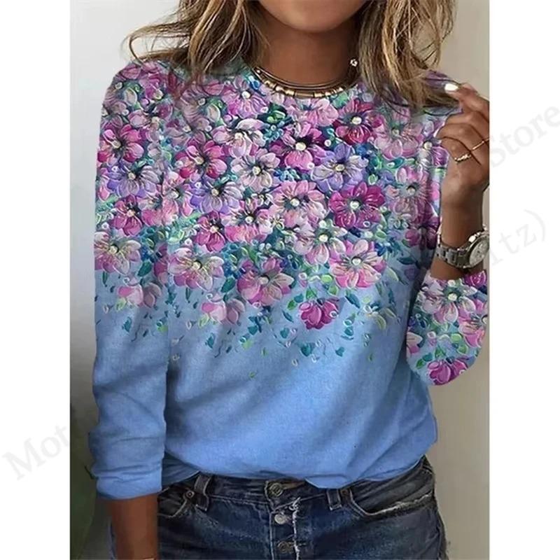 2025 New Floral 3d Print T-Shirt Casual Crew Neck Long Sleeve T-shirt Women's Clothing Fashion Casual Oversized Tops Tees Female