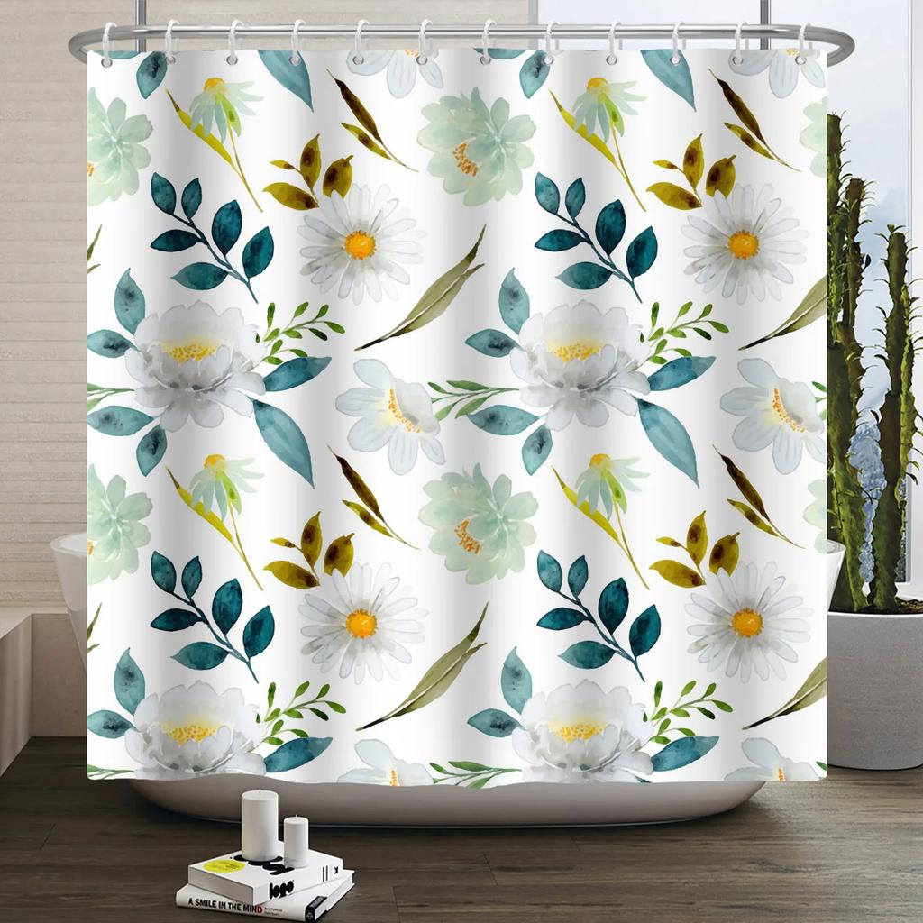 Watercolor Floral Shower Curtain for Bathroom Spring Elegant Flower Printed Bath Curtain Botanical Wildflower Bathroom Decor