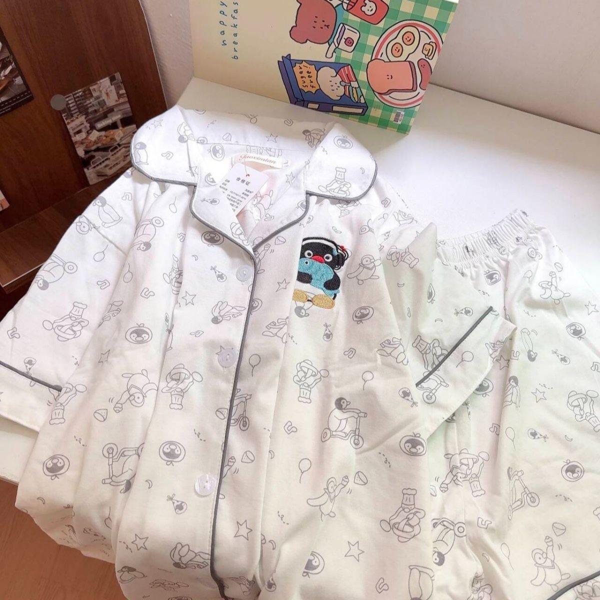 

Japanese full print sweet little penguin pajamas women s summer short-sleeved shorts ins style suit soft cute girl loungewear S