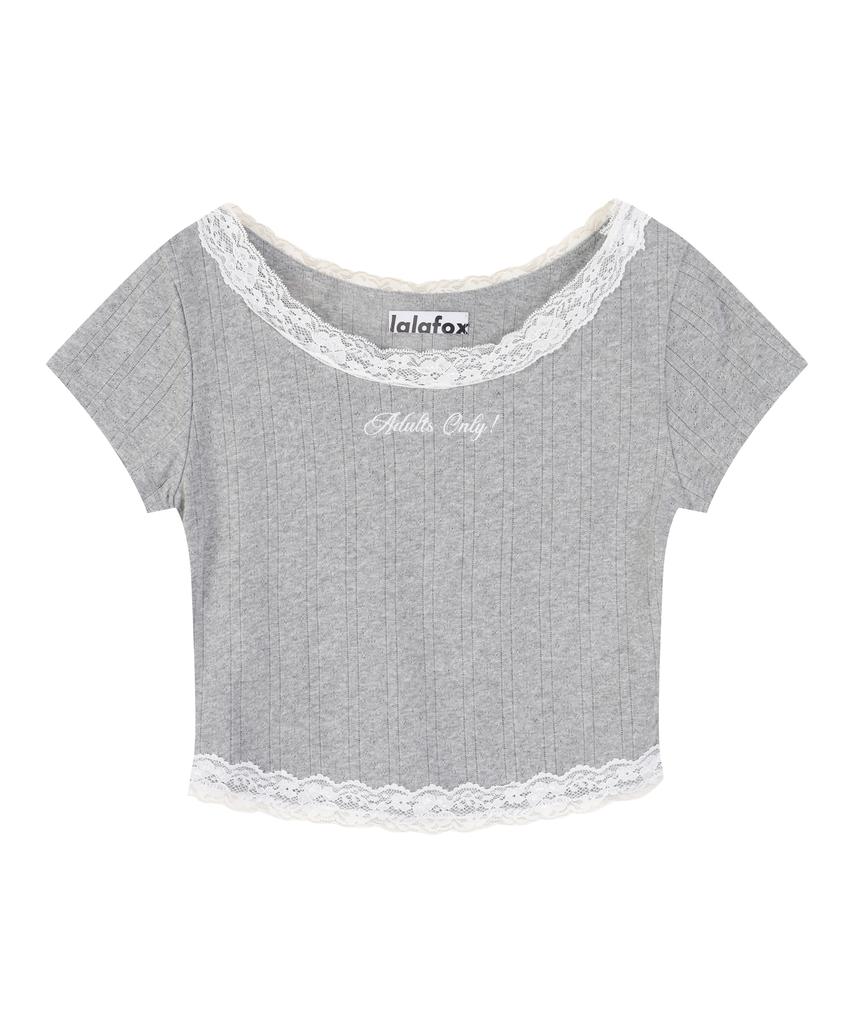 LALAFOX Lace Trim Eyelet Slim T-Shirt Gray Bs2Ch017