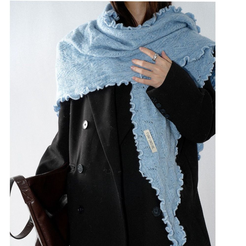 Thickened Widen Shawl Wrap Ruffled Edge Winter Scarf Knitting Triangle Scarf Casual Outfit