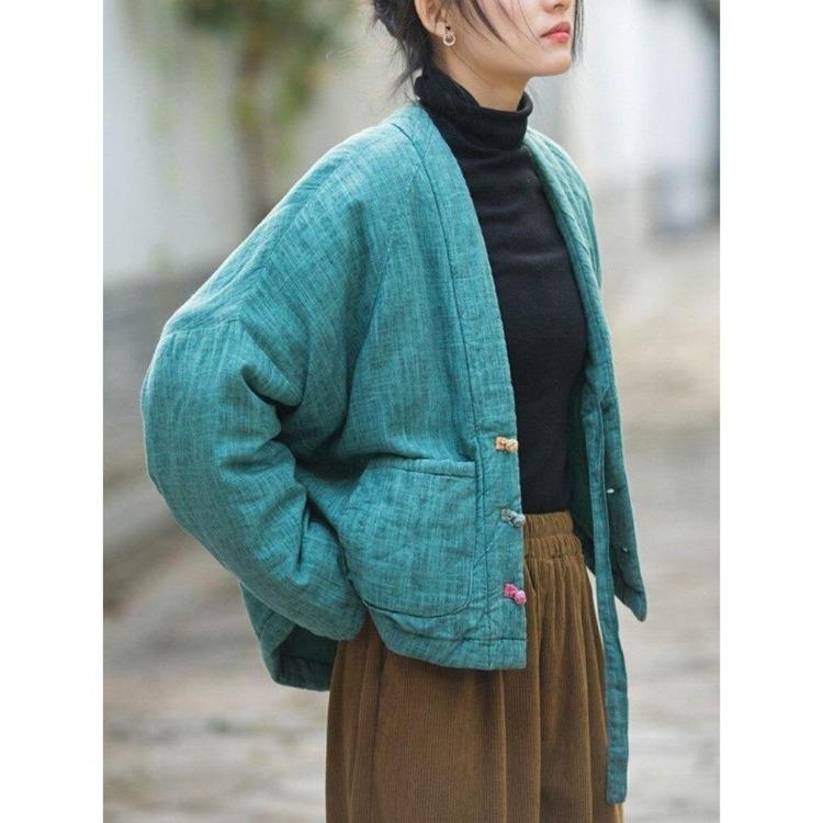 Chinese Style Women Vintage Linen Parkas Winter Warm Coats with Long Sleeve and Pockets