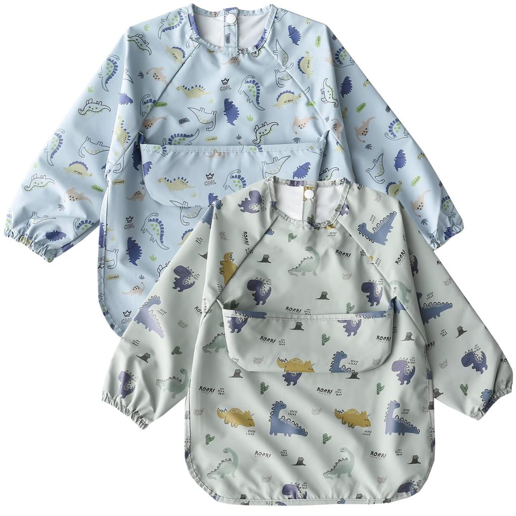 Baby Meal Long Meal Set of With Baby Food Meal Age Nursery Kindergarten Baby Shower Gift [kalavika] Apron, Sleeves, Bib, Dinosaur, 2, Sleeves,