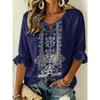 Women's Navy Ethnic Embroidered Tie Neck Blouse, Casual Loose Tops for Spring Summer Daily Wear & Vacation Occasions