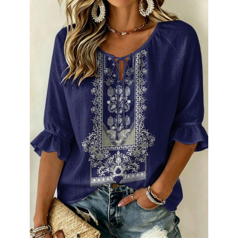Women's Navy Ethnic Embroidered Tie Neck Blouse, Casual Loose Tops for Spring Summer Daily Wear & Vacation Occasions