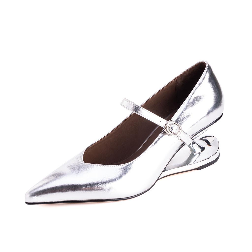 Arden Furtado Spring Cowhide Alien Heel Pumps Pointed Toe One Word Buckle Wedges Large Size Single Shoe High-heeled Shoes